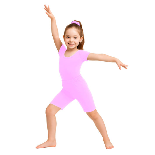 School Stitch 3 Piece Gymnastics Leotards for Girls Set, Kids Microfibre Half Sleeve Ballet Bodysuit With Elastic Waist Shorts and Scrunchie, Dance Costume Leotards for Girls Gymnastics Kids Age 3-13