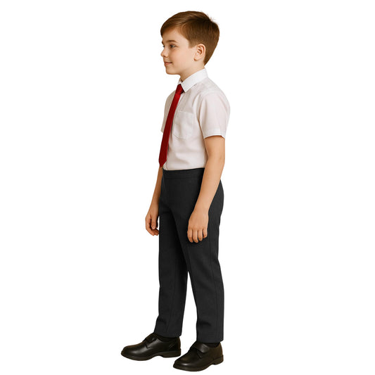 Boys School Trousers, Plain Flat Front Pull Up Half Elastic Waist Trousers, Teflon Coated Stain-Resistant School Uniform Pants, Ages 3-13