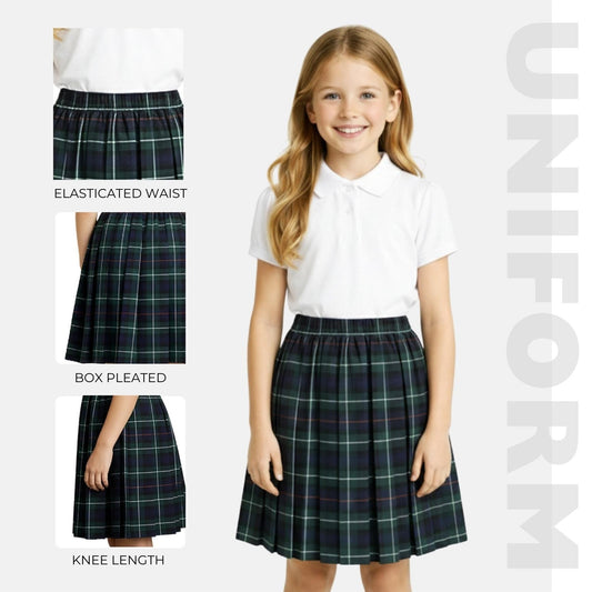 SchoolStitch® Girls Box Pleated School Skirt, Plain All-Round Elasticated Waist Pleated Skirt, Knee Length Tartan Skirts, School Uniform Girls Summer Skirts, Ages 2-22