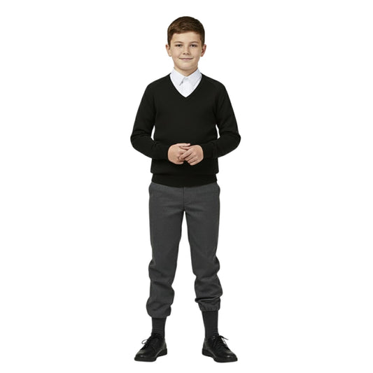 School Stitch® School Uniform V Neck Jumper, Kids Cotton Blend Long Sleeve Top Sweatshirt for Boys, Warm Plain Jumpers for Girls, Classic Grey, Navy & Black V Neck Jumper, Age 3-13 Years
