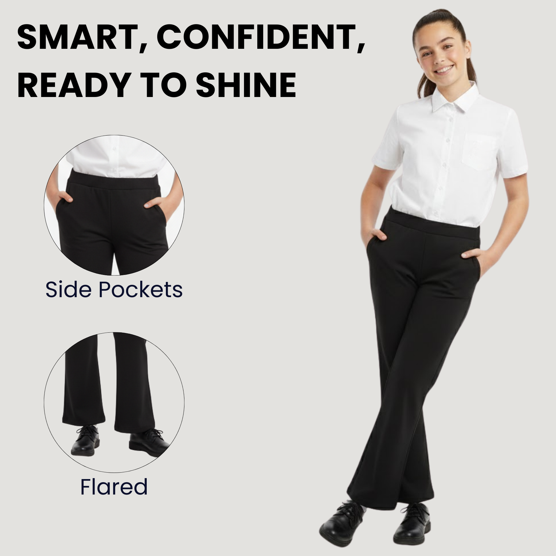 School Stitch® Girls Flared Leggings, Stretchy Elasticated Waist with 2 Side Pocket Black Leggings, Kids Flares Fashion Party Trousers for Teen Girl Dance Yoga Pants, Age 5-18 Years