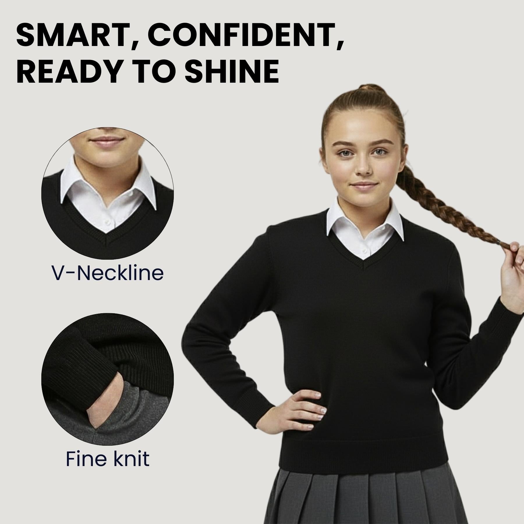 School Stitch® School Uniform V Neck Jumper, Kids Cotton Blend Long Sleeve Top Sweatshirt for Boys, Warm Plain Jumpers for Girls, Classic Grey, Navy & Black V Neck Jumper, Age 3-13 Years