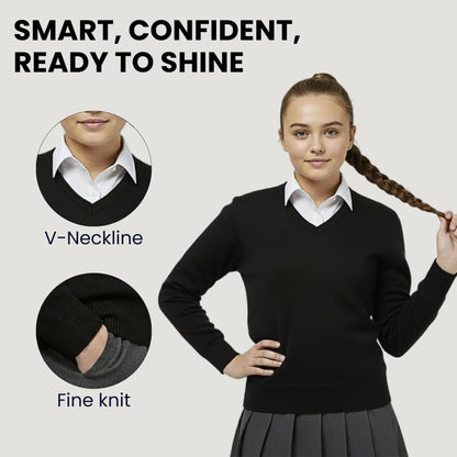 School Stitch® School Uniform V Neck Jumper, Kids Cotton Blend Long Sleeve Top Sweatshirt for Boys, Warm Plain Jumpers for Girls, Classic Grey, Navy & Black V Neck Jumper, Age 3-13 Years