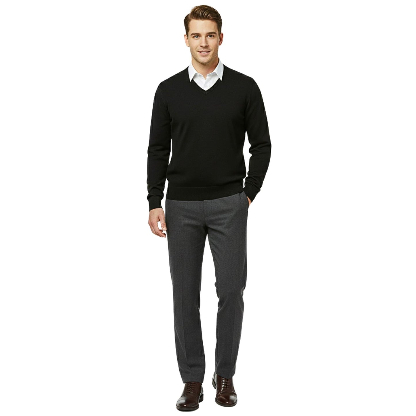 School Stitch® Premium V Neck Jumpers for Men UK, Long Sleeve Cotton Blend Mens Sweatshirts, Comfortable Fit Adults Sweaters, Classic Grey, Navy & Black Casual College & Office Wear Mens Jumper, S-XXL