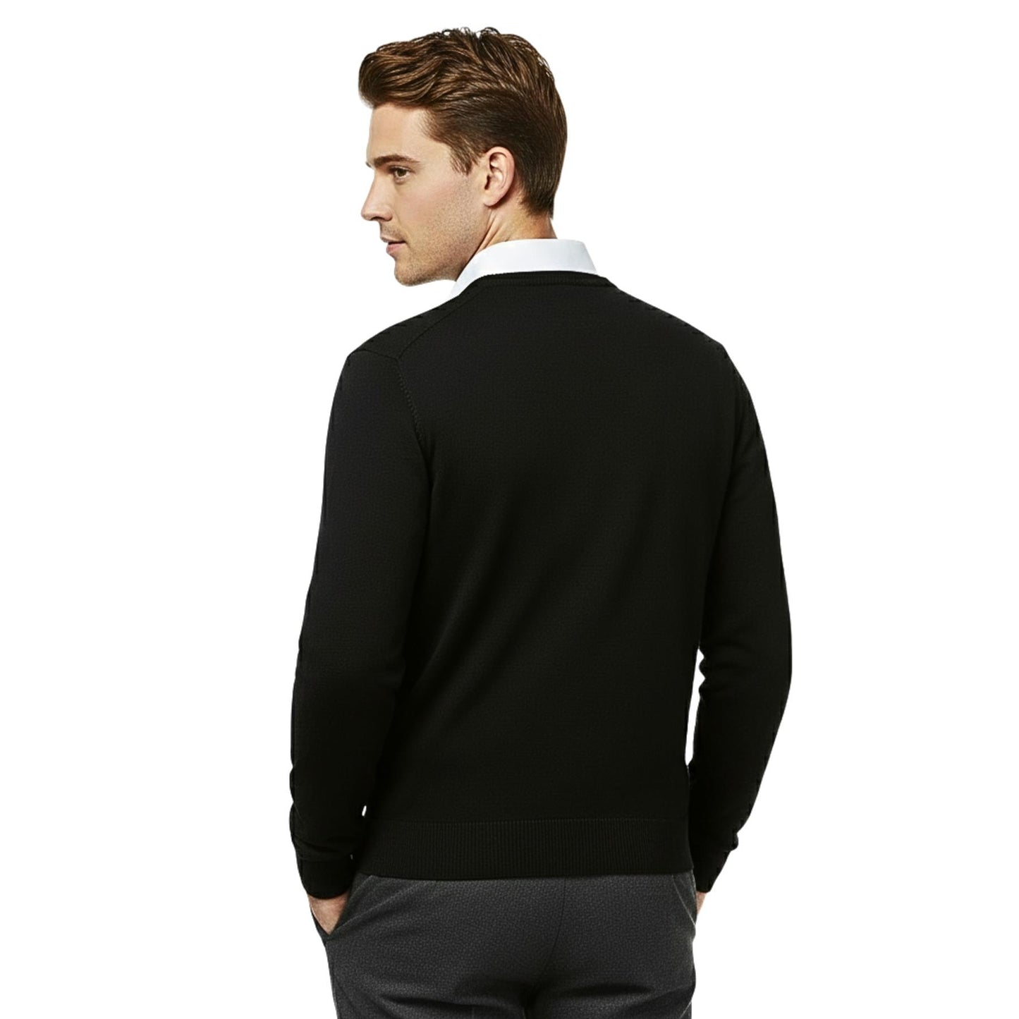 School Stitch® Premium V Neck Jumpers for Men UK, Long Sleeve Cotton Blend Mens Sweatshirts, Comfortable Fit Adults Sweaters, Classic Grey, Navy & Black Casual College & Office Wear Mens Jumper, S-XXL