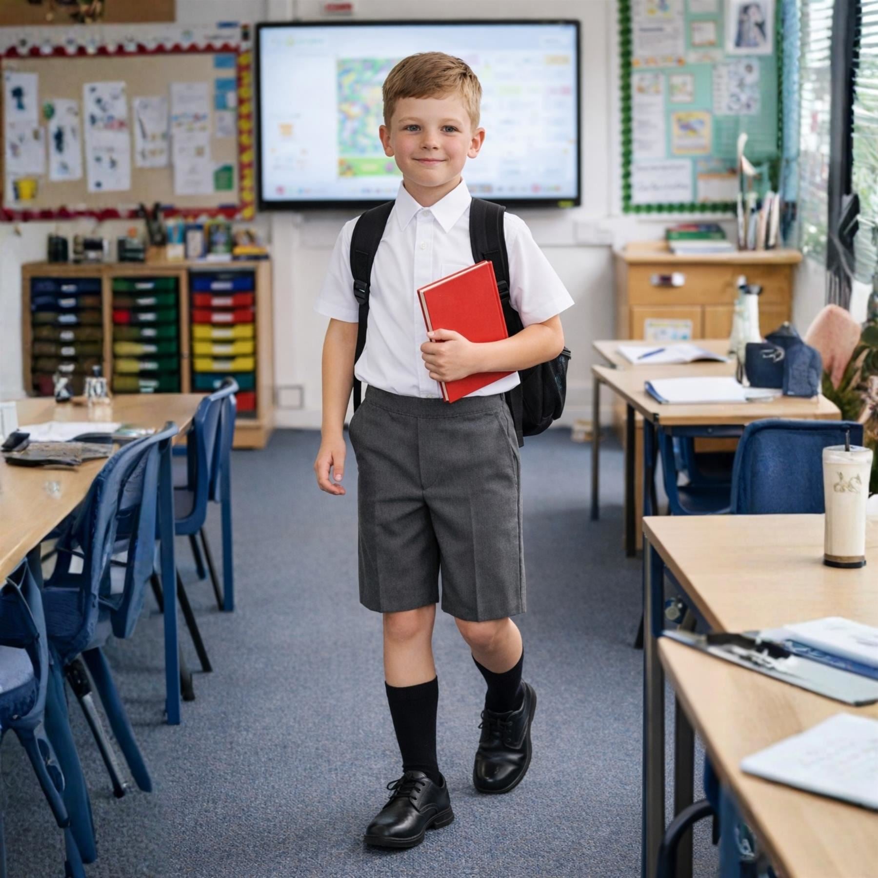 School Stitch® Boys School Shorts, Waist Adjuster with Half Elastic Back Knee Length Pull On Shorts With Pockets, Kids Plain Teflon Coated Black Short Pants, School Uniform Boys Ages 2-13