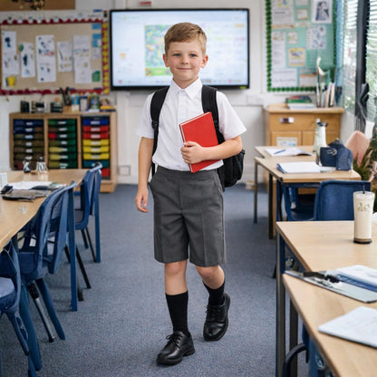 School Stitch® Boys School Shorts, Waist Adjuster with Half Elastic Back Knee Length Pull On Shorts With Pockets, Kids Plain Teflon Coated Black Short Pants, School Uniform Boys Ages 2-13