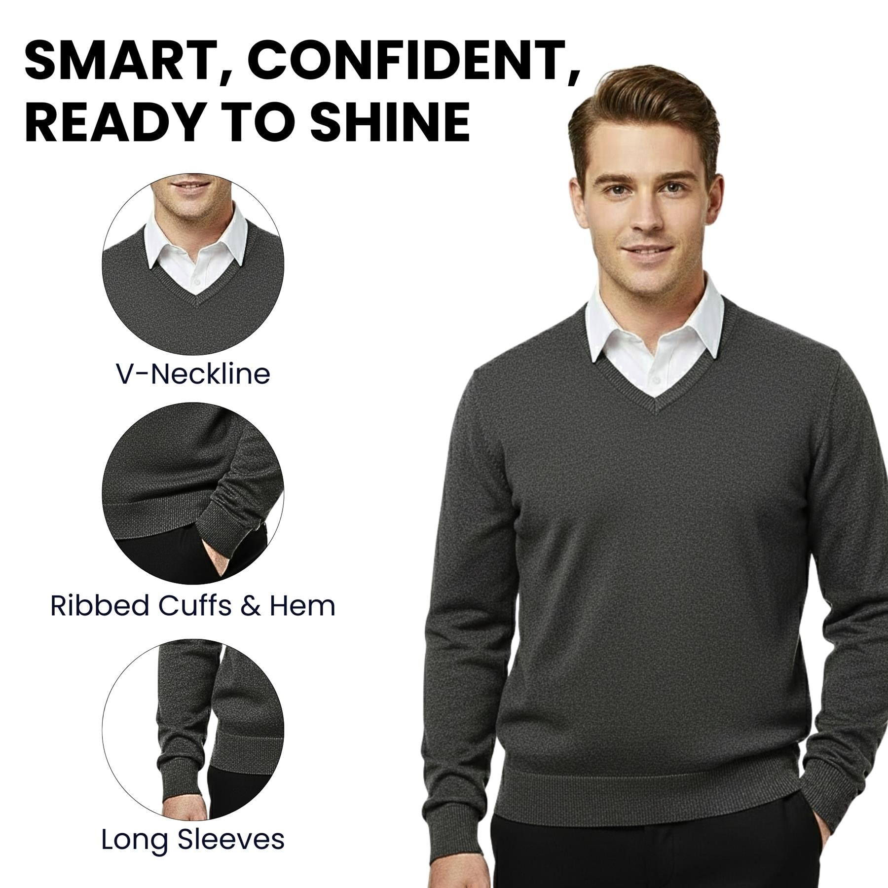 School Stitch® Premium V Neck Jumpers for Men UK, Long Sleeve Cotton Blend Mens Sweatshirts, Comfortable Fit Adults Sweaters, Classic Grey, Navy & Black Casual College & Office Wear Mens Jumper, S-XXL