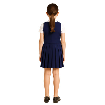 Girls School Uniform Pinafore Dress, Round Neck Sleeveless Pleated Dress, Heart Zip School Pinafore for Girls with Two Button Front, Ages 2-16