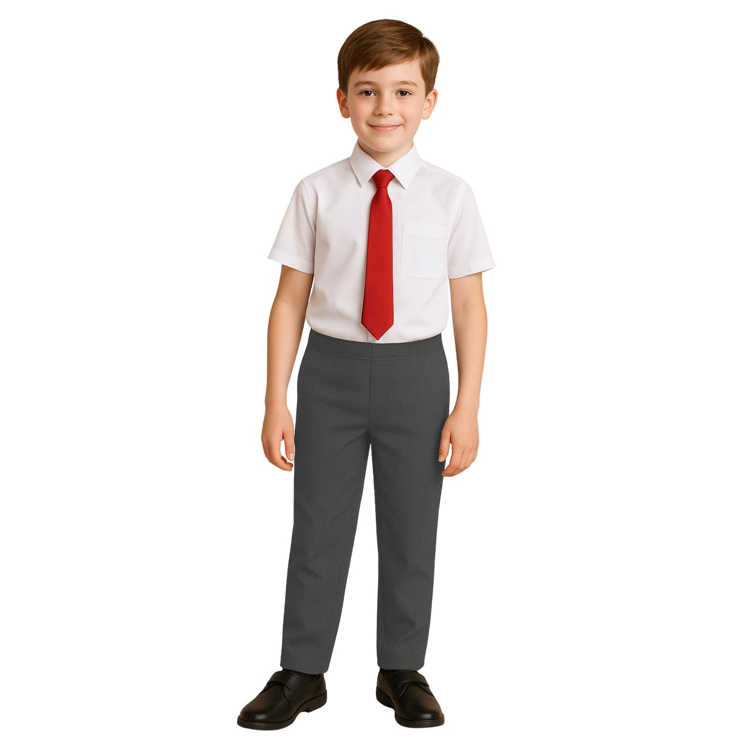 Boys School Trousers, Plain Flat Front Pull Up Half Elastic Waist Trousers, Teflon Coated Stain-Resistant School Uniform Pants, Ages 3-13