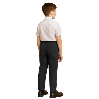 Boys School Trousers, Plain Flat Front Pull Up Half Elastic Waist Trousers, Teflon Coated Stain-Resistant School Uniform Pants, Ages 3-13