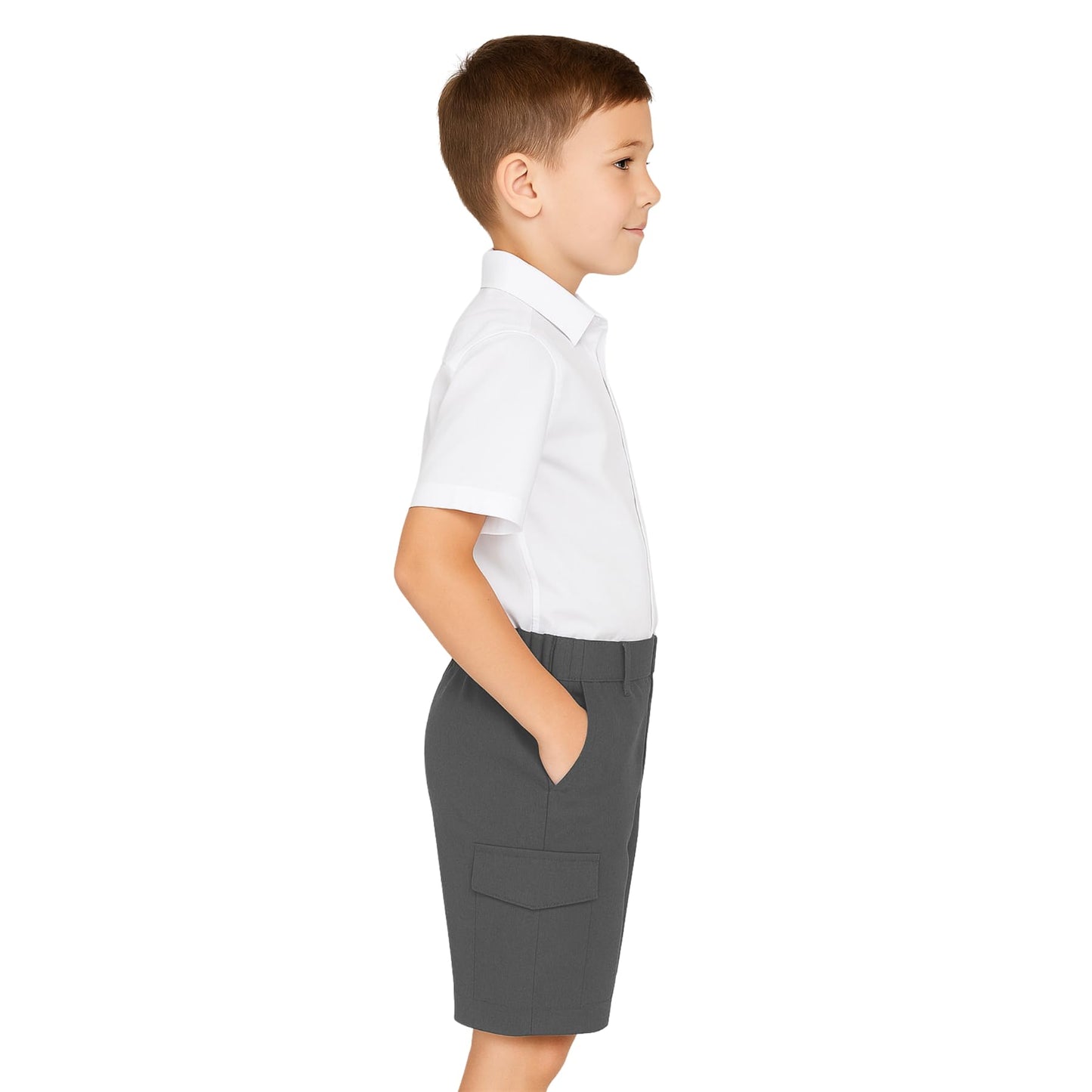 SchoolStitch® Boys School Uniform Cargo Shorts, Teflon-Coated Plain Elasticated Waist Boys Shorts with Zip and Clip Fastening, Black & Grey Uniform Summer Short Pants, Ages 3-13 Years