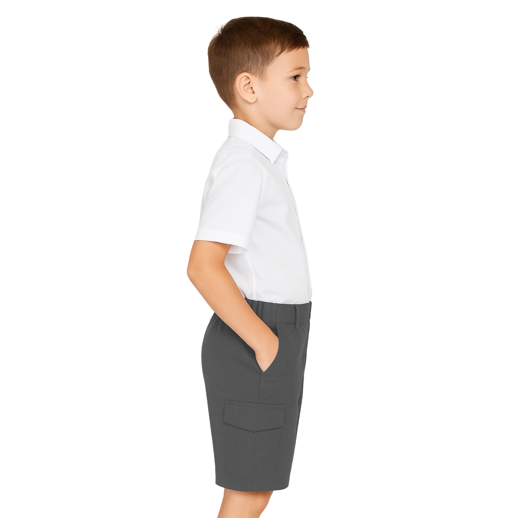 SchoolStitch® Boys School Uniform Cargo Shorts, Teflon-Coated Plain Elasticated Waist Boys Shorts with Zip and Clip Fastening, Black & Grey Uniform Summer Short Pants, Ages 3-13 Years