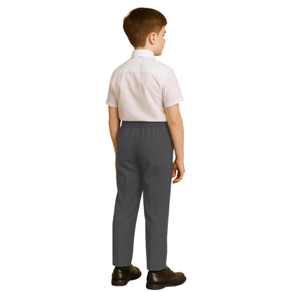 Boys School Trousers, Plain Flat Front Pull Up Half Elastic Waist Trousers, Teflon Coated Stain-Resistant School Uniform Pants, Ages 3-13
