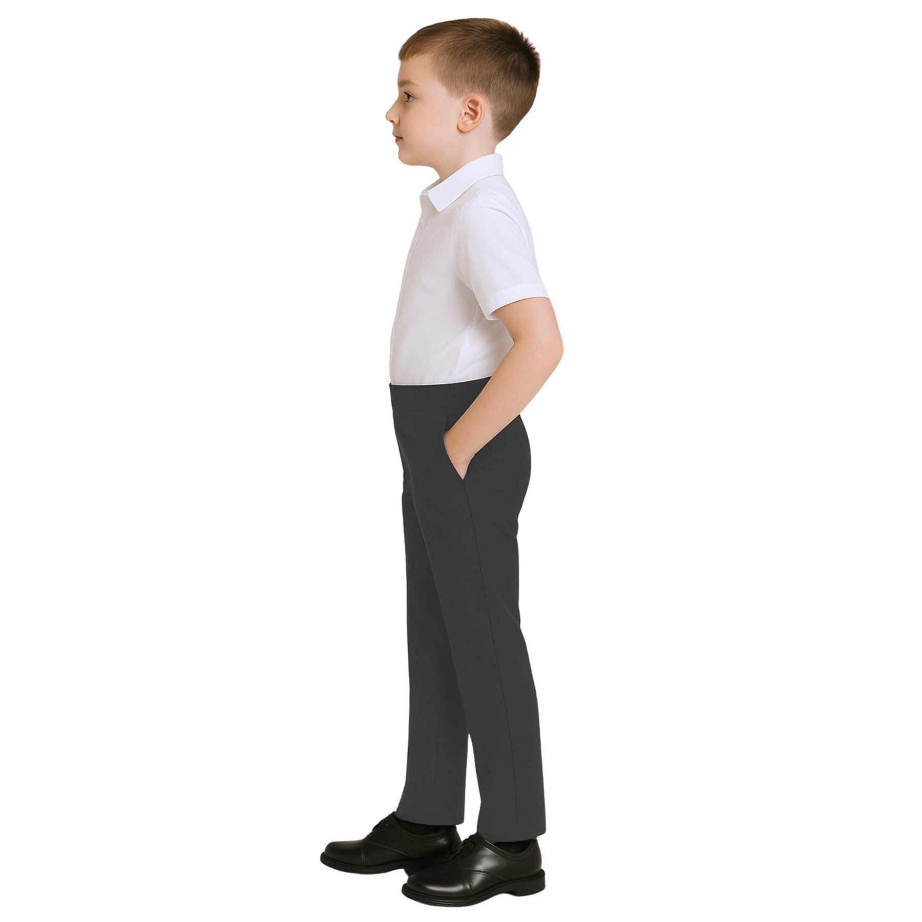 School Stitch® Boys School Trousers, Plain Slim Fit Half Elastic Waist Trousers with Two Side Pockets, Stylish Pull Up School Uniform Pants, Ages 2-13