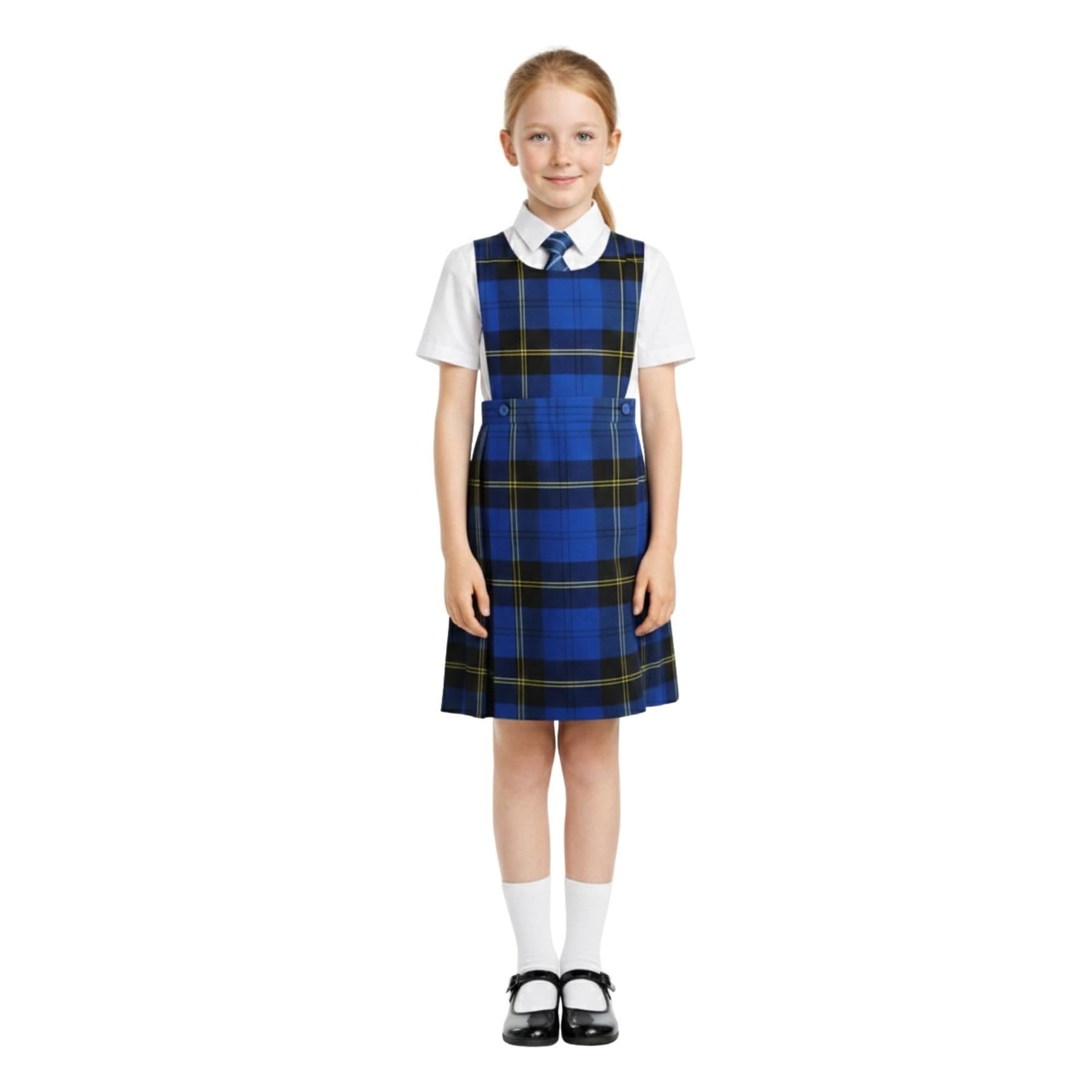 SchoolStitch® Girls School Uniform Sleeveless Pinafore Dress, Knife Pleats Wrap-Over Bib Tartan Dress, Summer School Dresses for Girls, Age 2-18 Years