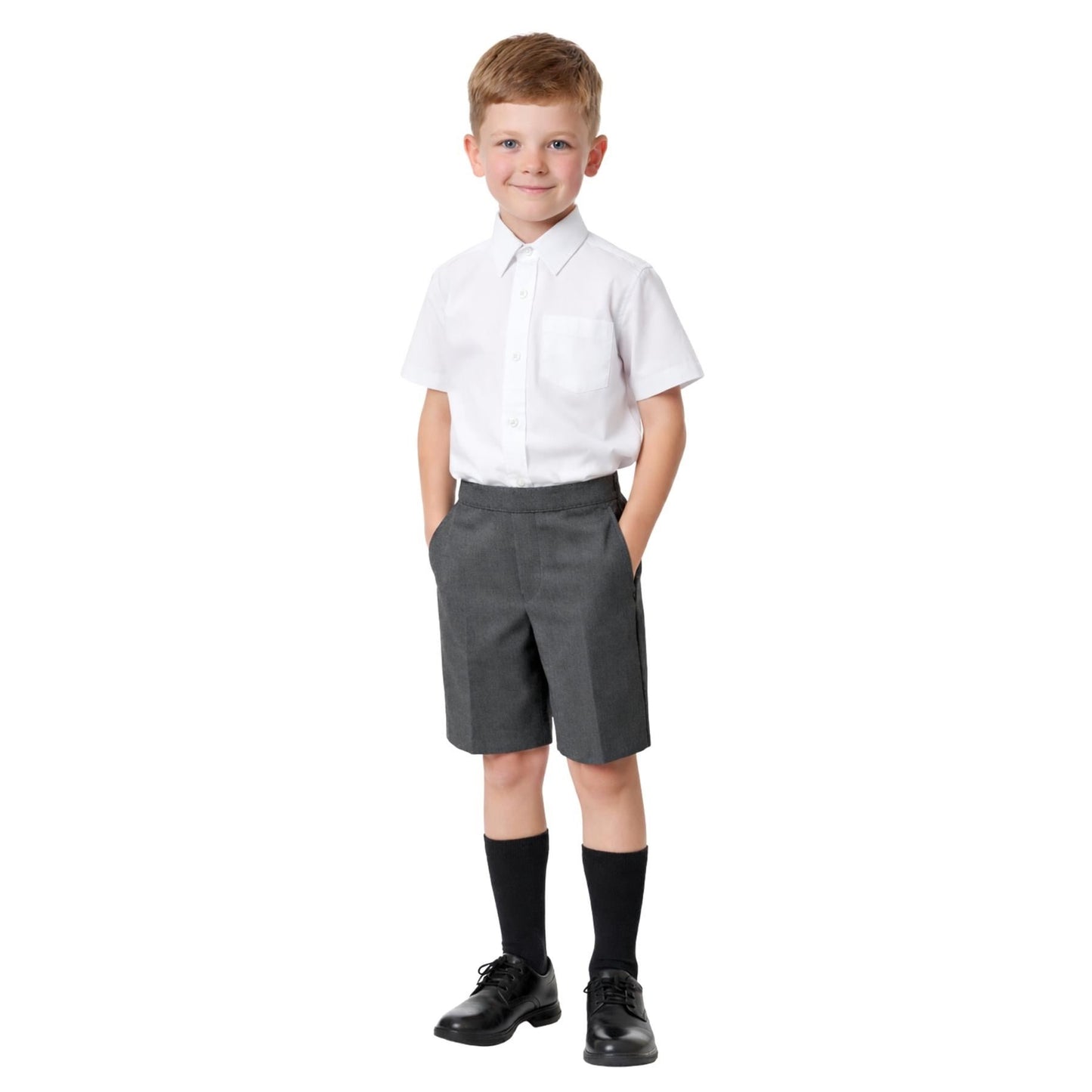 School Stitch® Boys School Shorts, Waist Adjuster with Half Elastic Back Knee Length Pull On Shorts With Pockets, Kids Plain Teflon Coated Black Short Pants, School Uniform Boys Ages 2-13