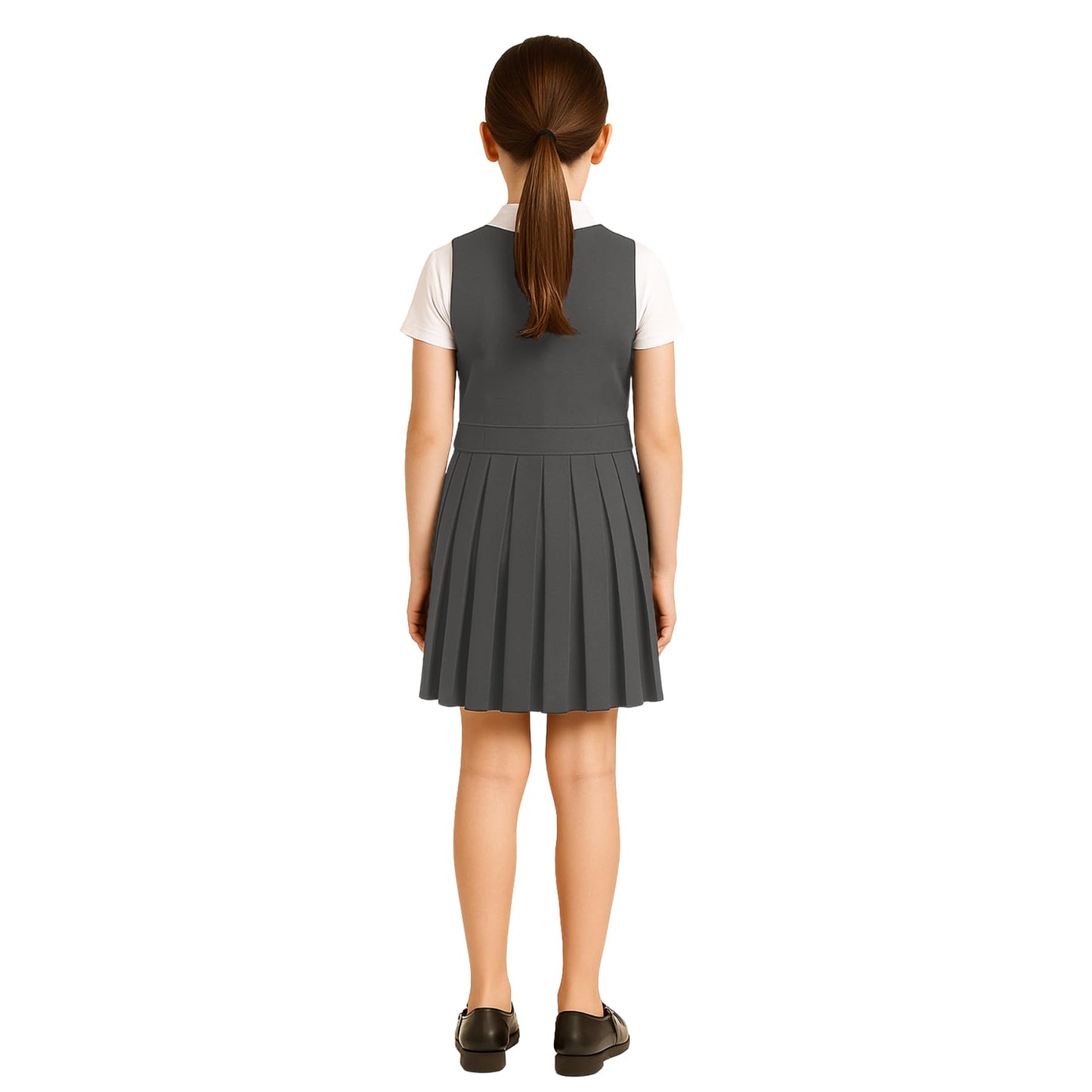 Girls School Uniform Pinafore Dress, Round Neck Sleeveless Pleated Dress, Heart Zip School Pinafore for Girls with Two Button Front, Ages 2-16