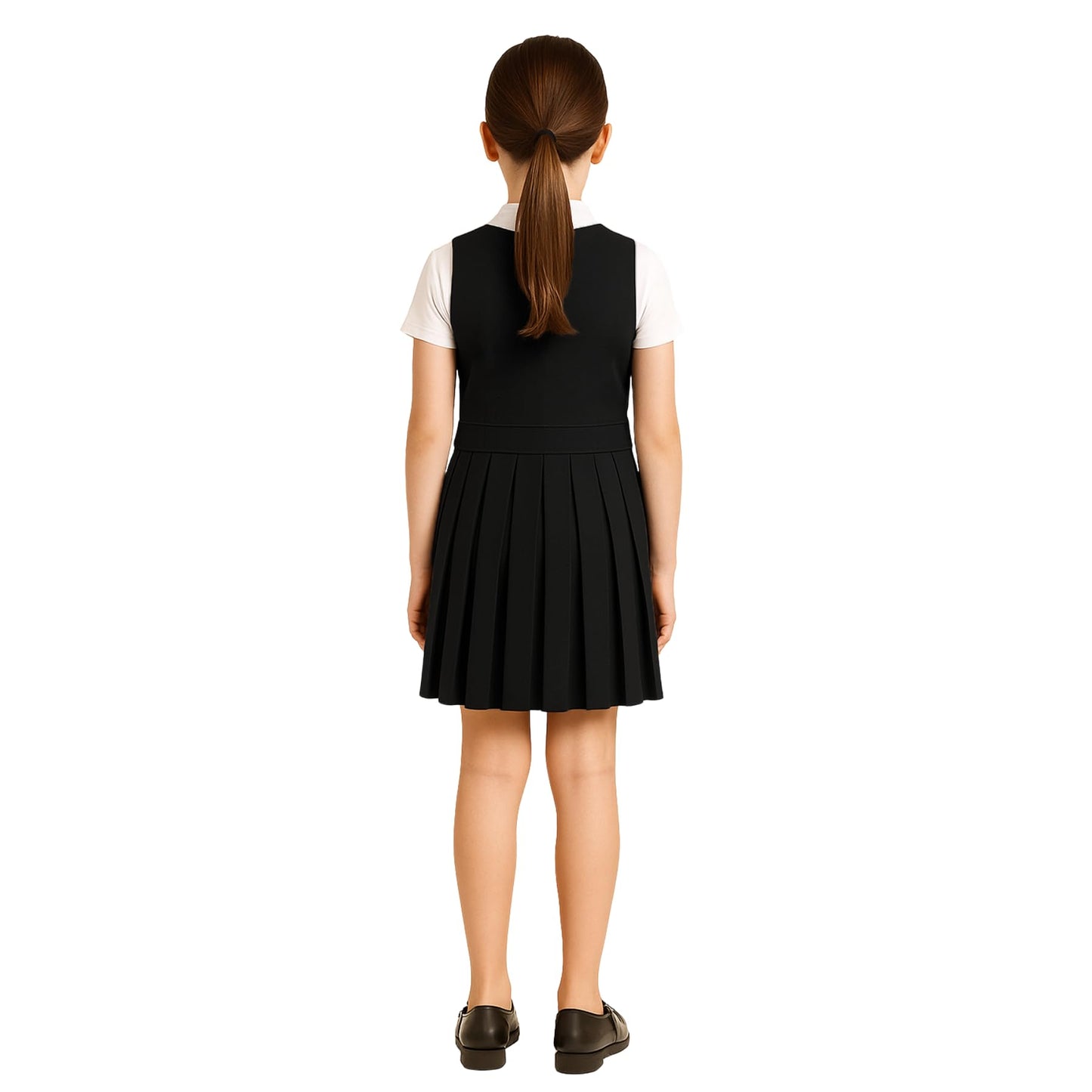 Girls School Uniform Pinafore Dress, Round Neck Sleeveless Pleated Dress, Heart Zip School Pinafore for Girls with Two Button Front, Ages 2-16