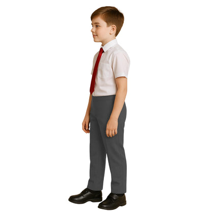 Boys School Trousers, Plain Flat Front Pull Up Half Elastic Waist Trousers, Teflon Coated Stain-Resistant School Uniform Pants, Ages 3-13