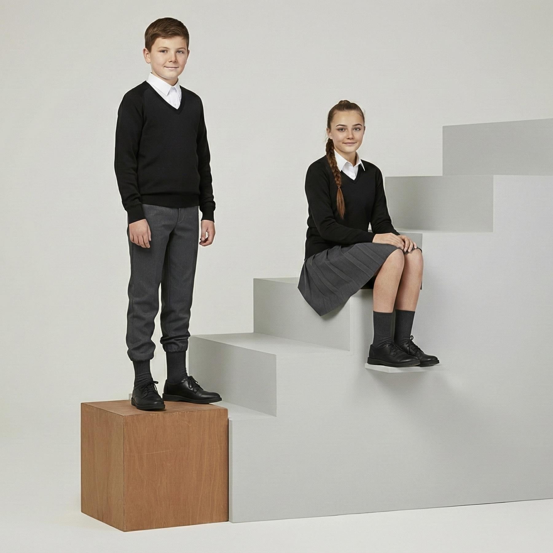 School Stitch® School Uniform V Neck Jumper, Kids Cotton Blend Long Sleeve Top Sweatshirt for Boys, Warm Plain Jumpers for Girls, Classic Grey, Navy & Black V Neck Jumper, Age 3-13 Years