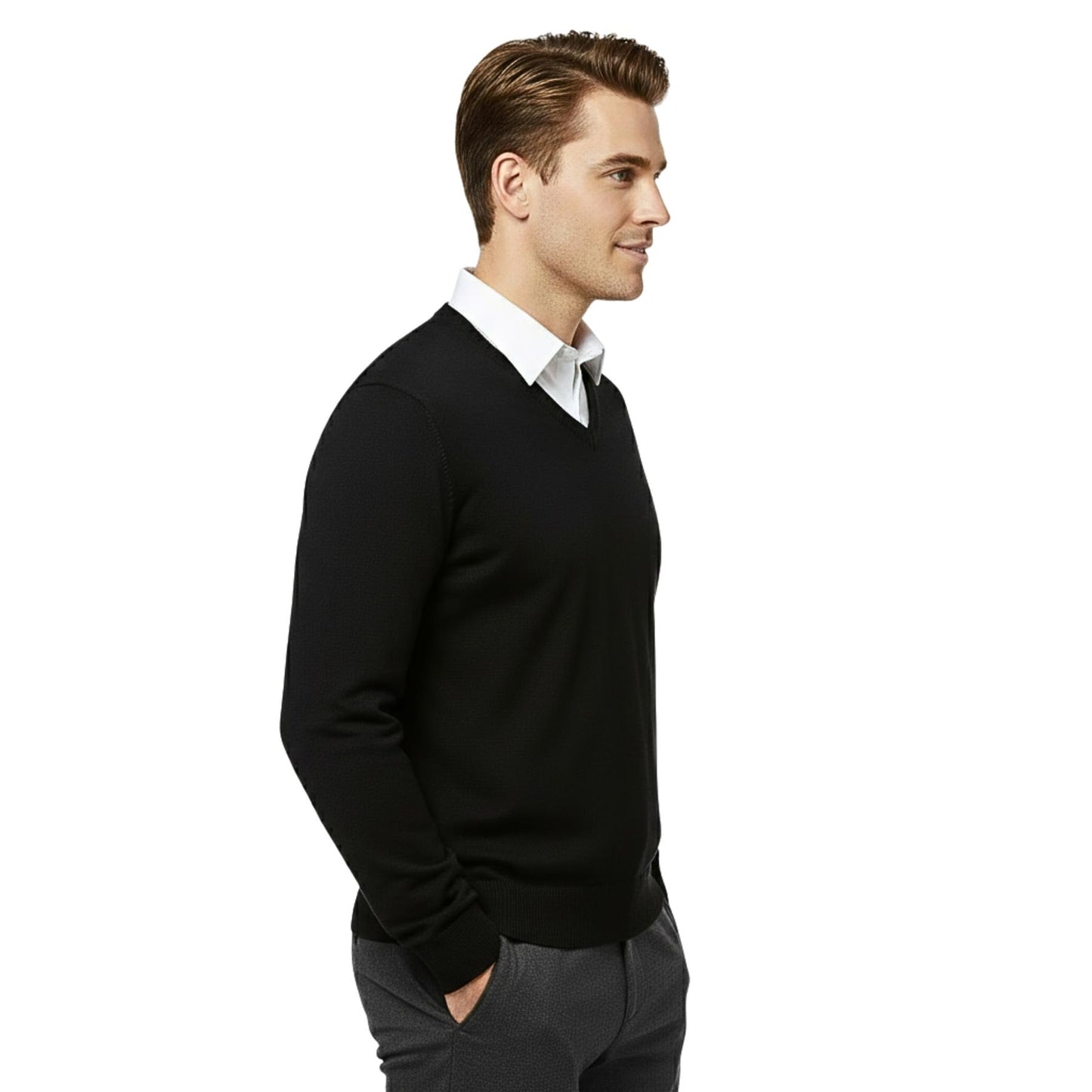 School Stitch® Premium V Neck Jumpers for Men UK, Long Sleeve Cotton Blend Mens Sweatshirts, Comfortable Fit Adults Sweaters, Classic Grey, Navy & Black Casual College & Office Wear Mens Jumper, S-XXL