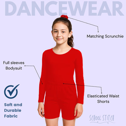 School Stitch® 3 Piece gymnastics leotards for girls Set, Kids Microfiber Long Sleeve Bodysuit With dance shorts & Scrunchie, Stylish Ballet Dress Leotards for Girls Gymnastics Kids Bodysuit Age 3-13