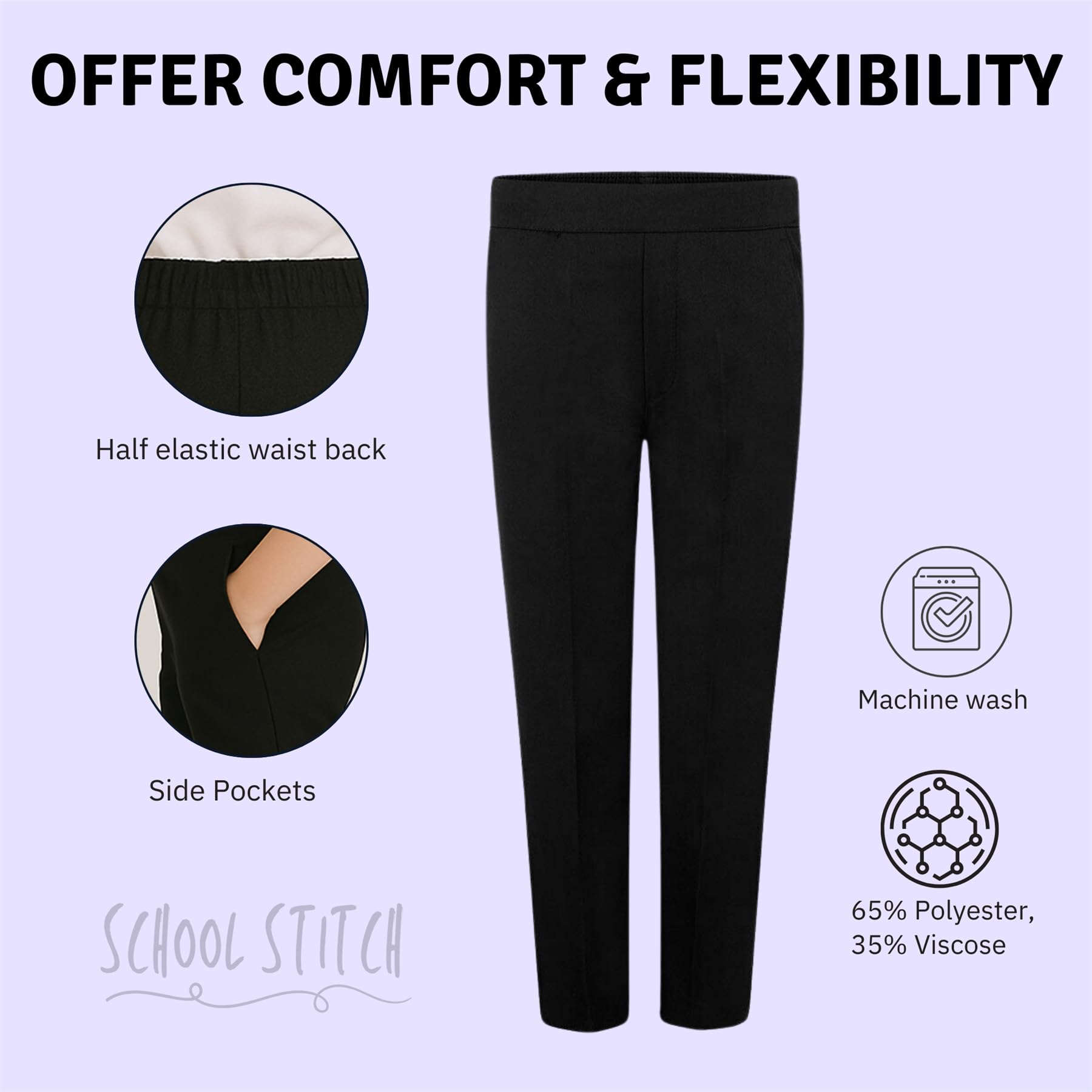 School Stitch® Boys School Trousers, Plain Slim Fit Half Elastic Waist Trousers with Two Side Pockets, Stylish Pull Up School Uniform Pants, Ages 2-13