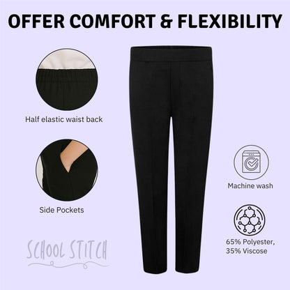 School Stitch® Boys School Trousers, Plain Slim Fit Half Elastic Waist Trousers with Two Side Pockets, Stylish Pull Up School Uniform Pants, Ages 2-13