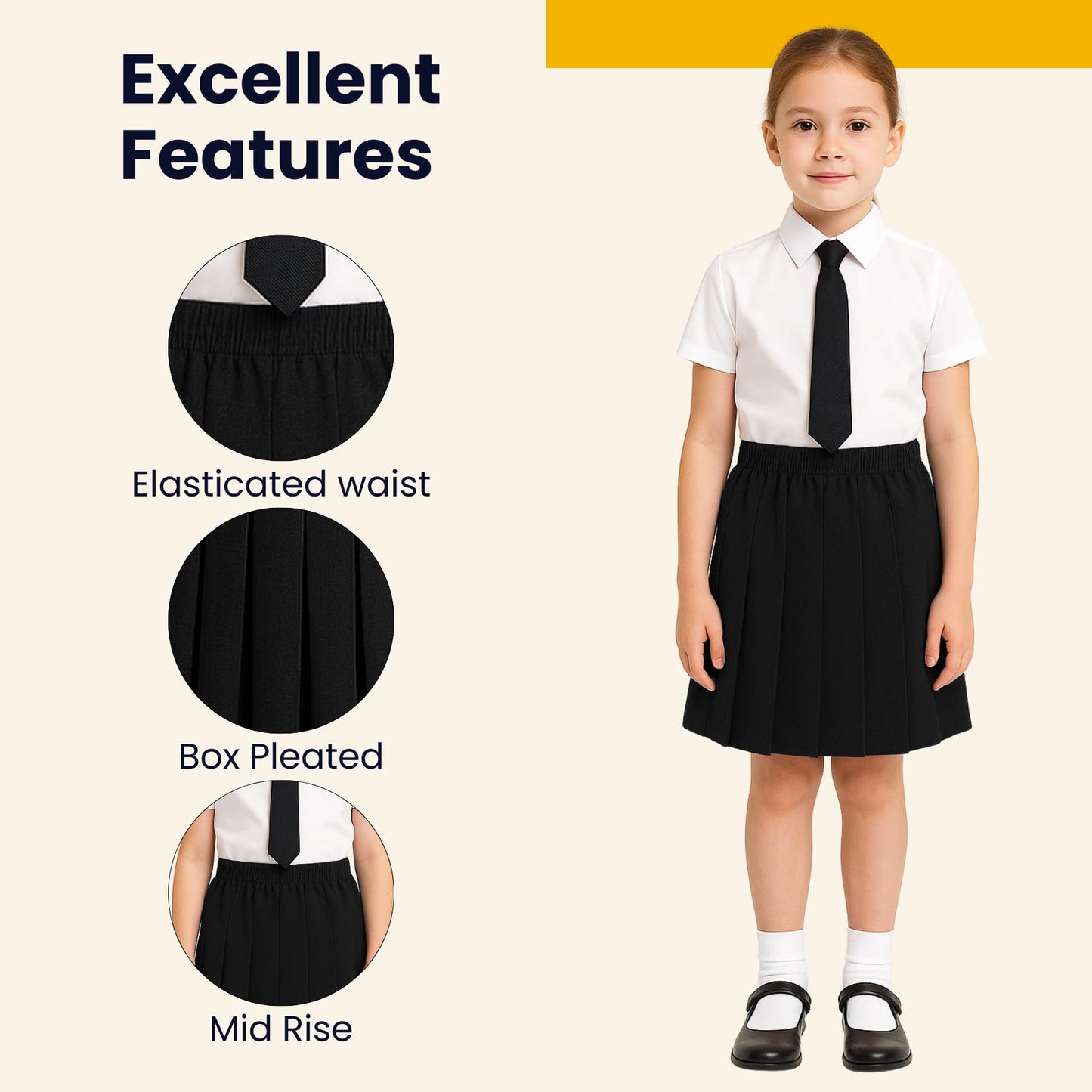 SchoolStitch® Girls Box Pleated School Skirt, Plain All-Round Elasticated Waist Pleated Skirt, Knee Length Tartan Skirts, School Uniform Girls Summer Skirts, Ages 2-18