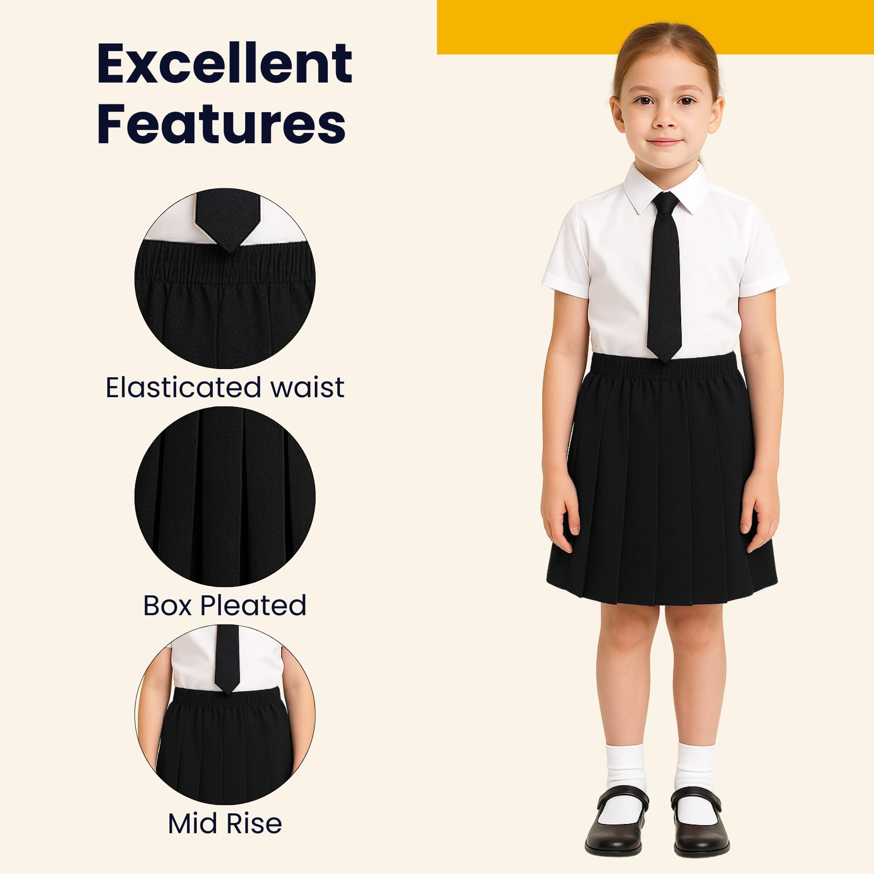 SchoolStitch® Girls Box Pleated School Skirt, Plain All-Round Elasticated Waist Pleated Skirt, Knee Length Tartan Skirts, School Uniform Girls Summer Skirts, Ages 2-18