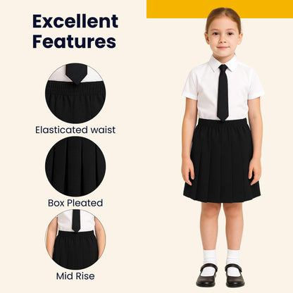 SchoolStitch® Girls Box Pleated School Skirt, Plain All-Round Elasticated Waist Pleated Skirt, Knee Length Tartan Skirts, School Uniform Girls Summer Skirts, Ages 2-18