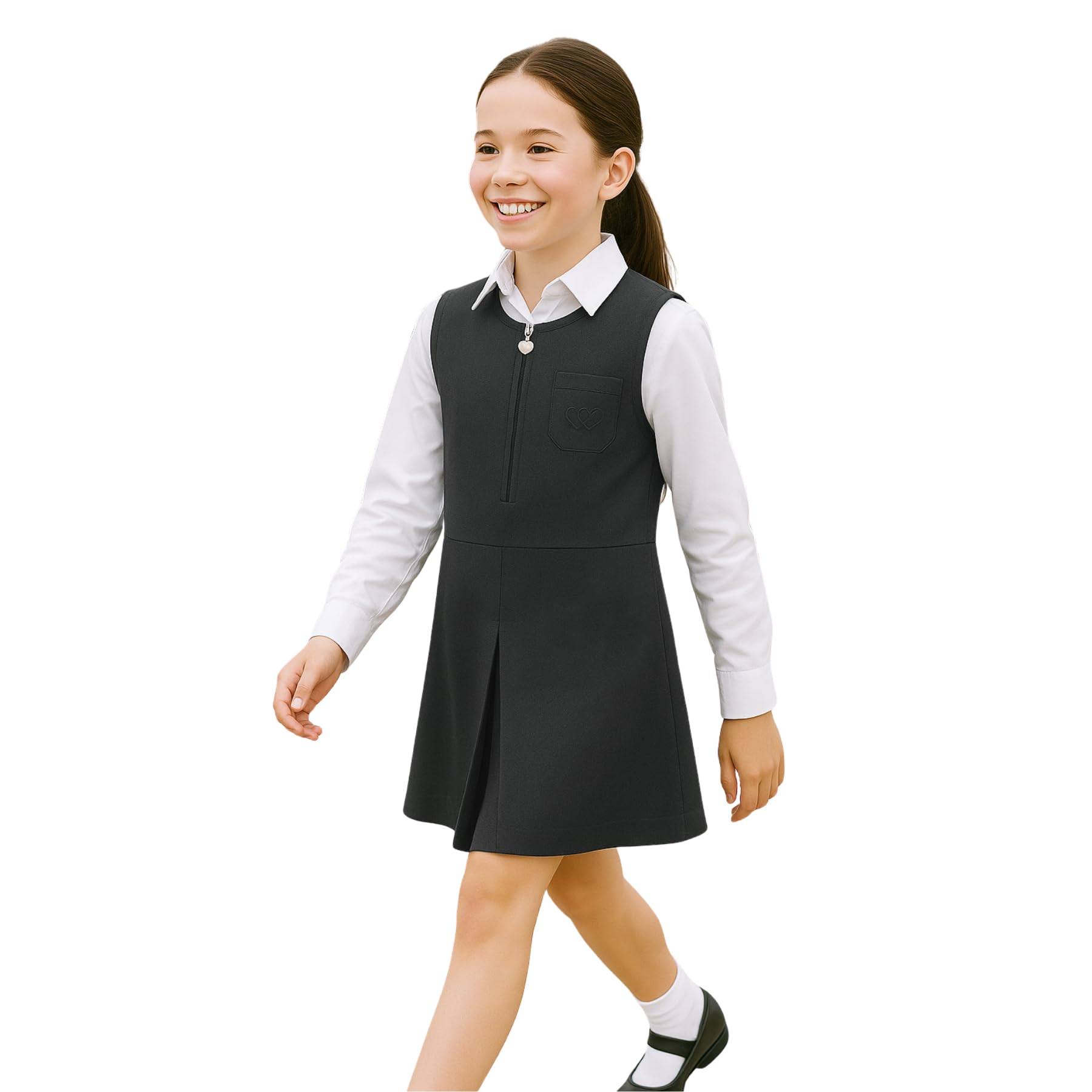 SchoolStitch® Girls School Uniform Plain Pinafore Dress, Round Neck Sleeveless Zip Closure Pleated Dress with Heart Pockets, Elegant School Uniform Girls Pinafore Dresses, Ages 2-14