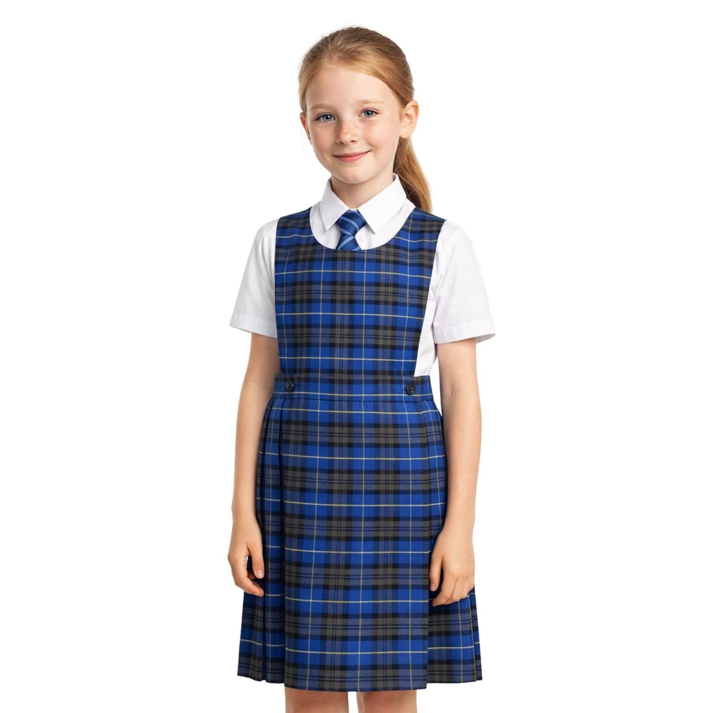 SchoolStitch® Girls School Uniform Sleeveless Pinafore Dress, Knife Pleats Wrap-Over Bib Tartan Dress, Summer School Dresses for Girls, Age 2-18 Years