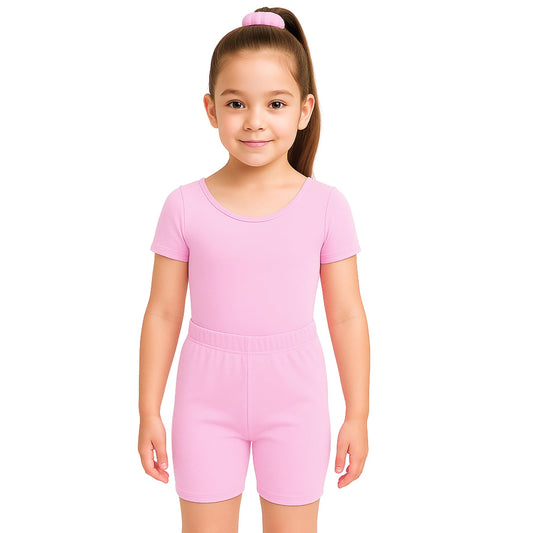 School Stitch 3 Piece Gymnastics Leotards for Girls Set, Kids Microfibre Half Sleeve Ballet Bodysuit With Elastic Waist Shorts and Scrunchie, Dance Costume Leotards for Girls Gymnastics Kids Age 3-13