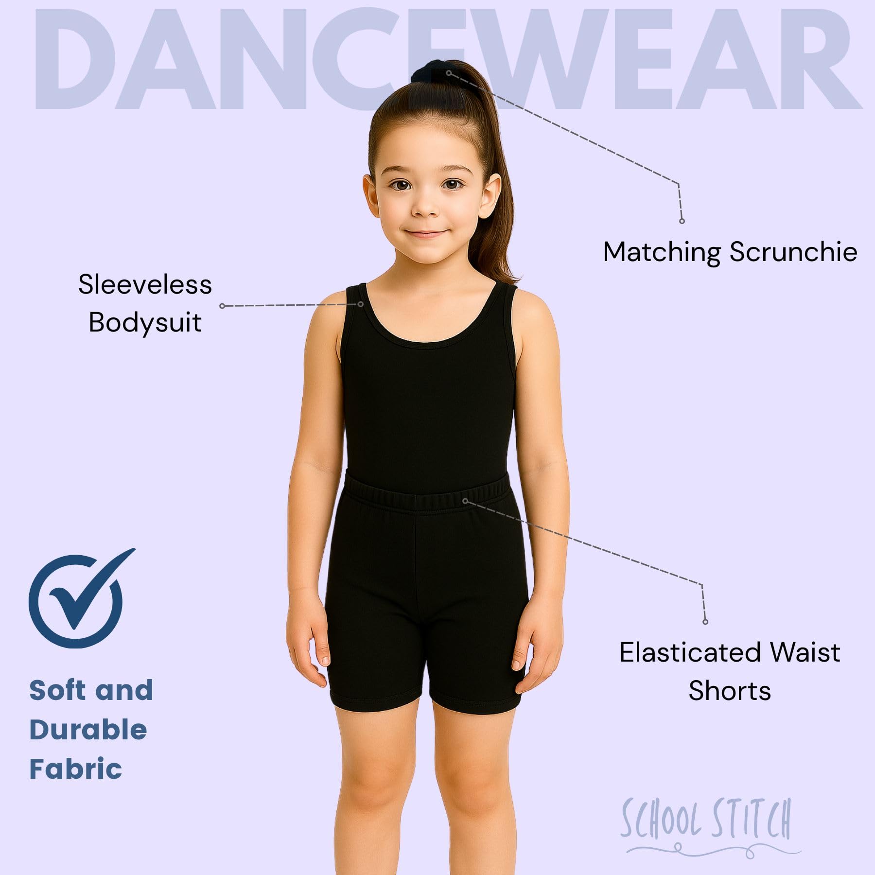 School Stitch® 3 Piece Gymnastics Leotards for Girls Set, Microfiber Plain Sleeveless Bodysuit With Elastic Dance Shorts & Scrunchie, Ballet Leotard for Girls Gymnastics Outfit Age 3-13