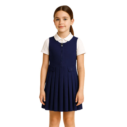 Girls School Uniform Pinafore Dress, Round Neck Sleeveless Pleated Dress, Heart Zip School Pinafore for Girls with Two Button Front, Ages 2-16