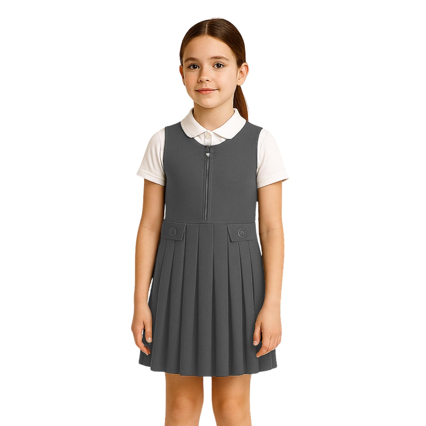 Girls School Uniform Pinafore Dress, Round Neck Sleeveless Pleated Dress, Heart Zip School Pinafore for Girls with Two Button Front, Ages 2-16