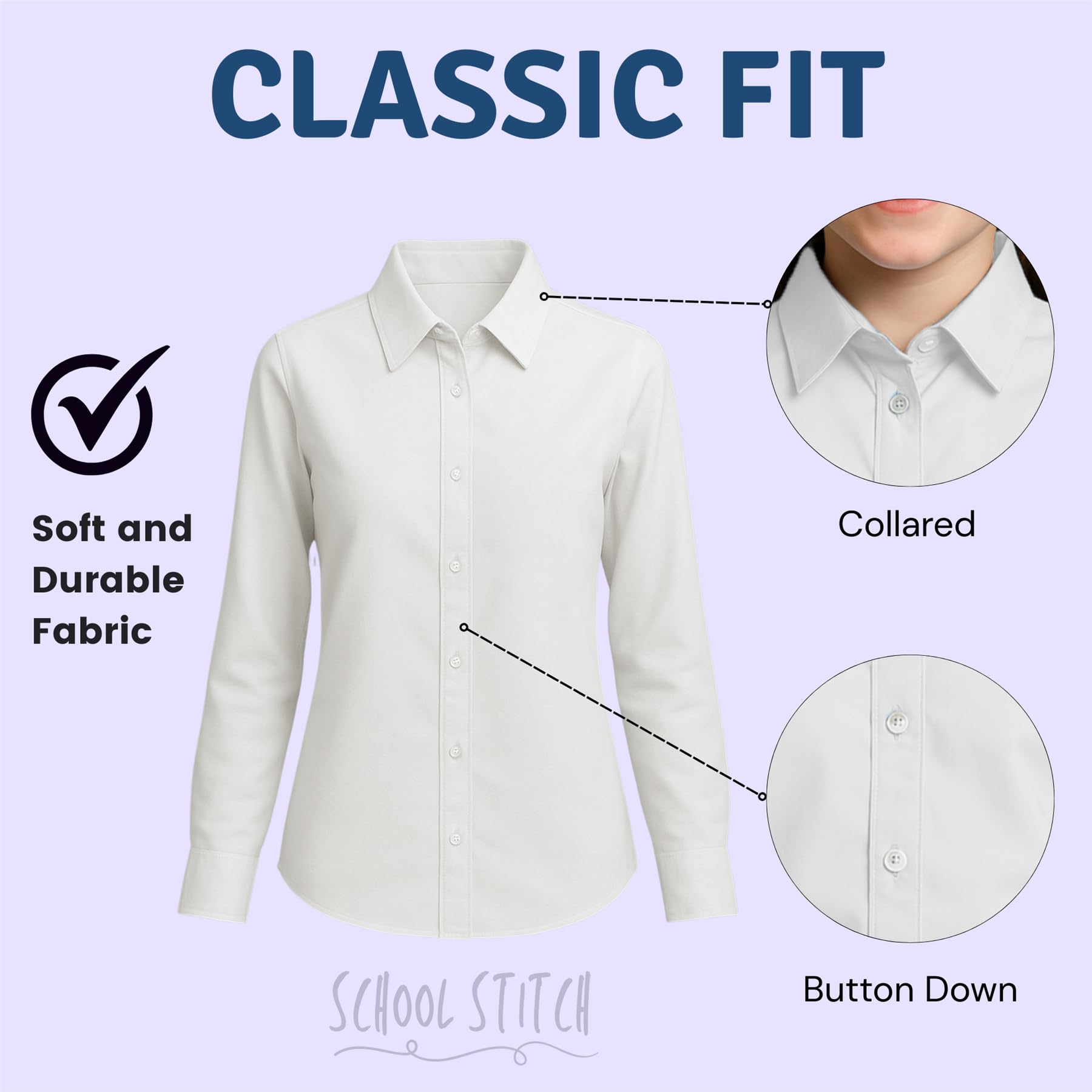 SchoolStitch® Girls Long Sleeve School Shirts, Pack of 2 Plain Collared Button Down Girls Blouse with Cuffed Sleeves, School Uniform White Shirt Kids Ages 3-15+