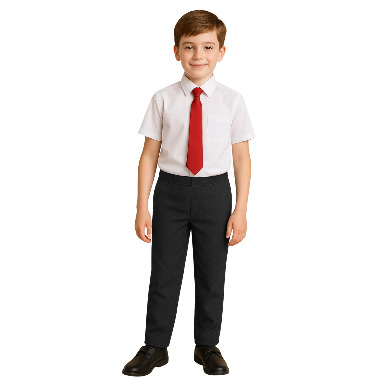 Boys School Trousers, Plain Flat Front Pull Up Half Elastic Waist Trousers, Teflon Coated Stain-Resistant School Uniform Pants, Ages 3-13