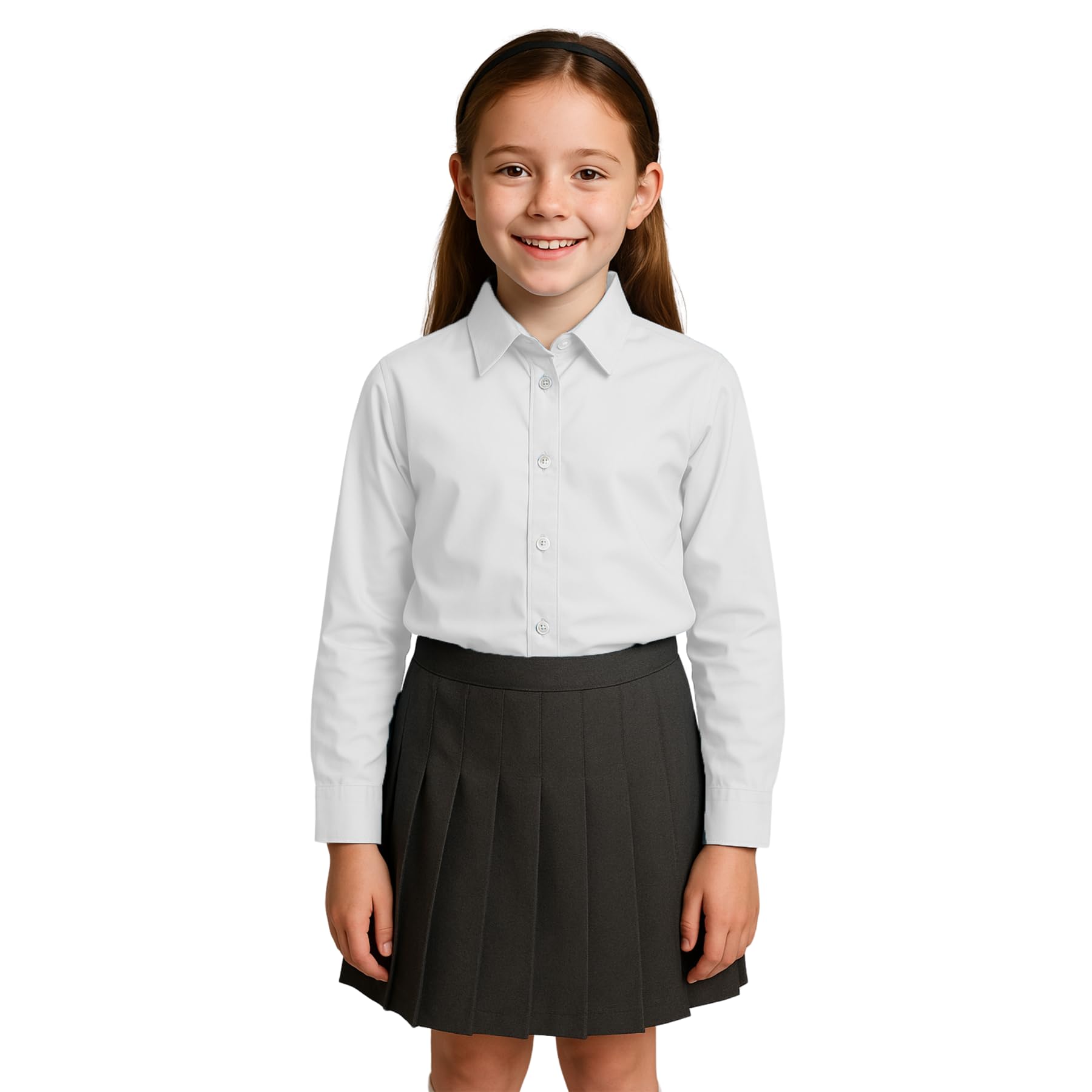 SchoolStitch® Girls Long Sleeve School Shirts, Pack of 2 Plain Collared Button Down Girls Blouse with Cuffed Sleeves, School Uniform White Shirt Kids Ages 3-15+