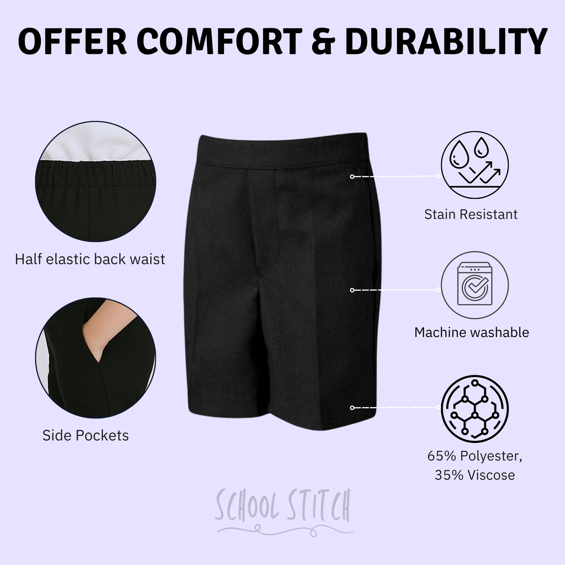 Boys School Shorts, Half Elastic Back Knee Length Pull On Shorts with Pockets, Kids Plain Teflon Coated Black Short Pants, School Uniform Boys Ages 2-13