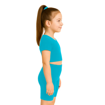 School Stitch® 3 Piece Gymnastics Leotards for Girls Set, Plain Microfibre Half Sleeve Crop Tops with Elastic Waist Shorts & Scrunchie, Dance Costume Ballet Leotards for Girls Gymnastics Kids Age 3-13