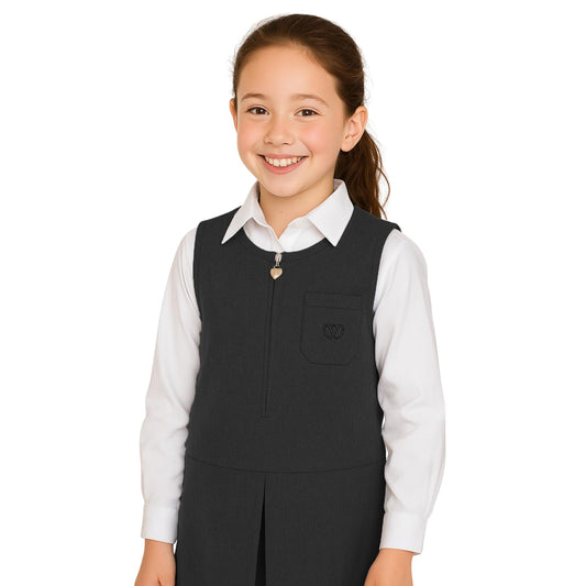 SchoolStitch® Girls School Uniform Plain Pinafore Dress, Round Neck Sleeveless Zip Closure Pleated Dress with Heart Pockets, Elegant School Uniform Girls Pinafore Dresses, Ages 2-14