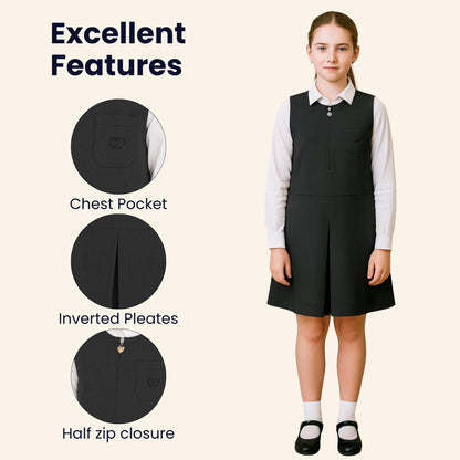 SchoolStitch® Girls School Uniform Plain Pinafore Dress, Round Neck Sleeveless Zip Closure Pleated Dress with Heart Pockets, Elegant School Uniform Girls Pinafore Dresses, Ages 2-14