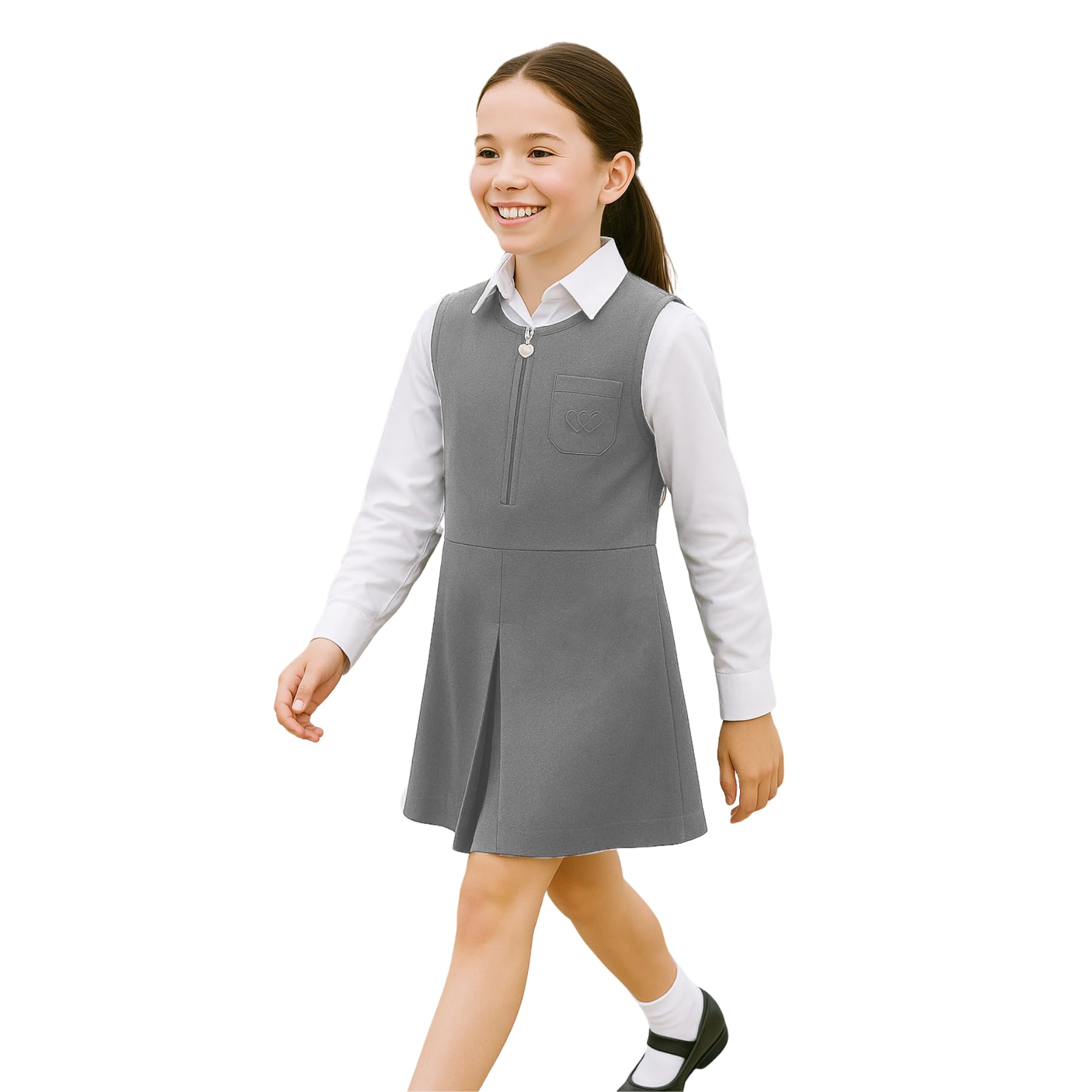 SchoolStitch® Girls School Uniform Plain Pinafore Dress, Round Neck Sleeveless Zip Closure Pleated Dress with Heart Pockets, Elegant School Uniform Girls Pinafore Dresses, Ages 2-14