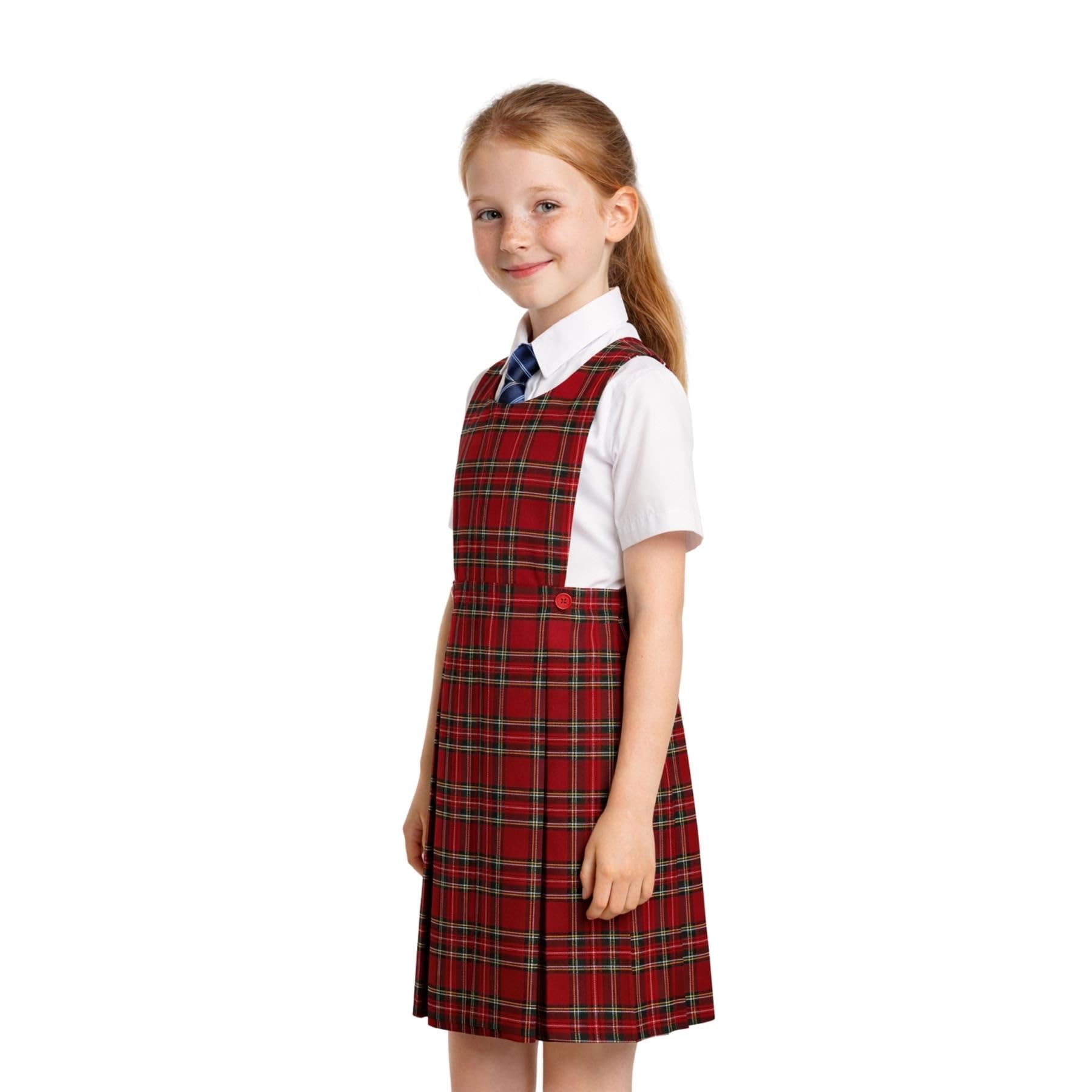 SchoolStitch® Girls School Uniform Sleeveless Pinafore Dress, Knife Pleats Wrap-Over Bib Tartan Dress, Summer School Dresses for Girls, Age 2-18 Years