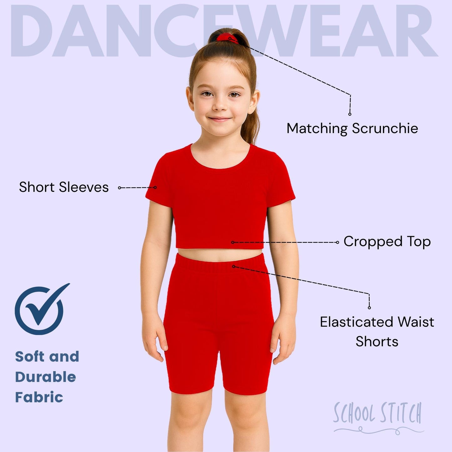 School Stitch® 3 Piece Gymnastics Leotards for Girls Set, Plain Microfibre Half Sleeve Crop Tops with Elastic Waist Shorts & Scrunchie, Dance Costume Ballet Leotards for Girls Gymnastics Kids Age 3-13