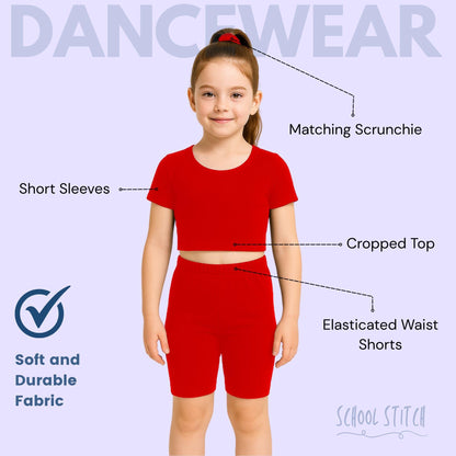 School Stitch® 3 Piece Gymnastics Leotards for Girls Set, Plain Microfibre Half Sleeve Crop Tops with Elastic Waist Shorts & Scrunchie, Dance Costume Ballet Leotards for Girls Gymnastics Kids Age 3-13