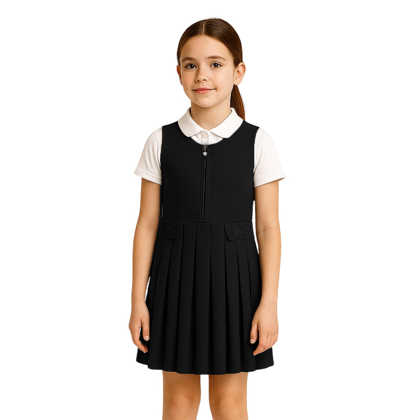 Girls School Uniform Pinafore Dress, Round Neck Sleeveless Pleated Dress, Heart Zip School Pinafore for Girls with Two Button Front, Ages 2-16